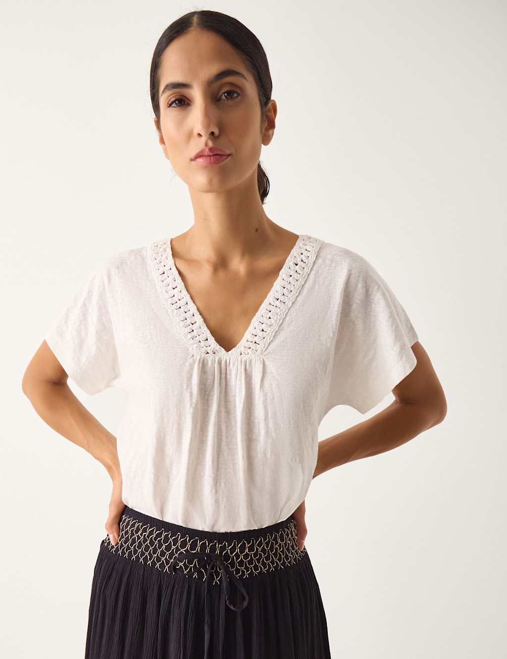 Monsoon Pure Cotton Embroidered Trim T-Shirt White