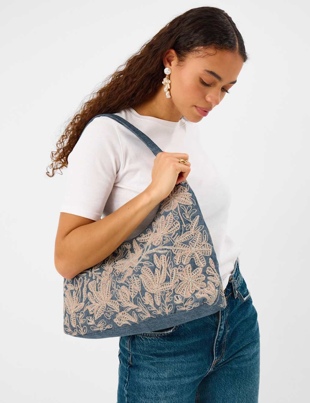 Accessorize Women's Denim Embroidered Shoulder Bag - Blue - Available at M&S