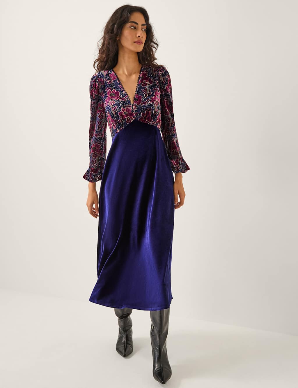 Monsoon Velvet Floral Midi Slip Dress Purple