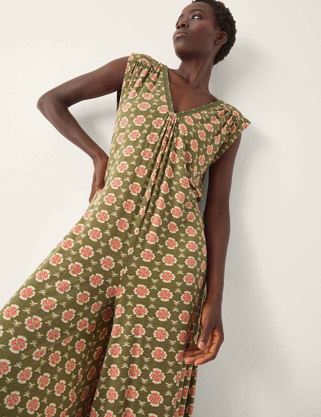 Monsoon Floral Print Sleeveless Wide Leg Jumpsuit Khaki