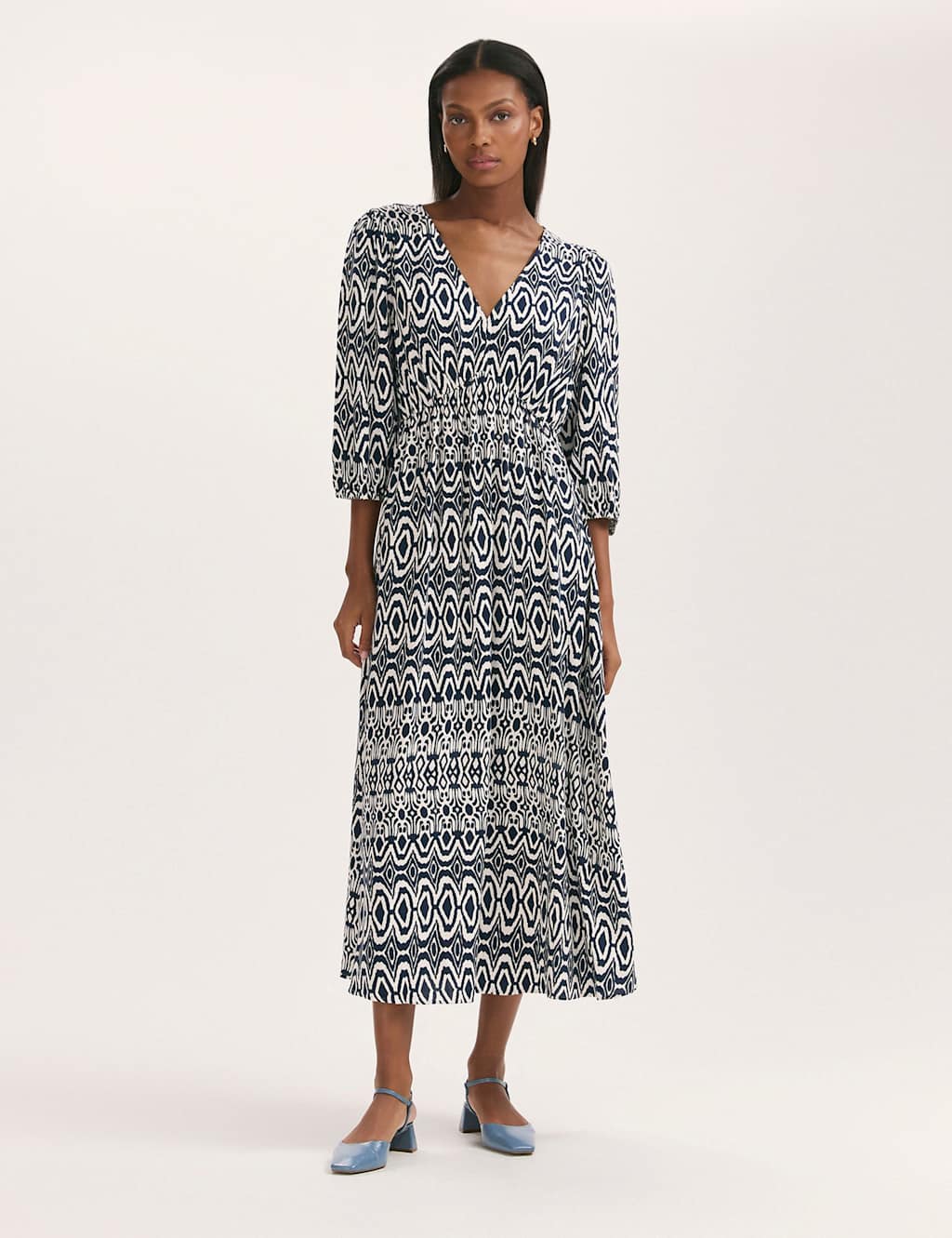 Finery London Women's Printed V-Neck Midaxi Waisted Dress - 10 - Blue Mix - Available at M&S