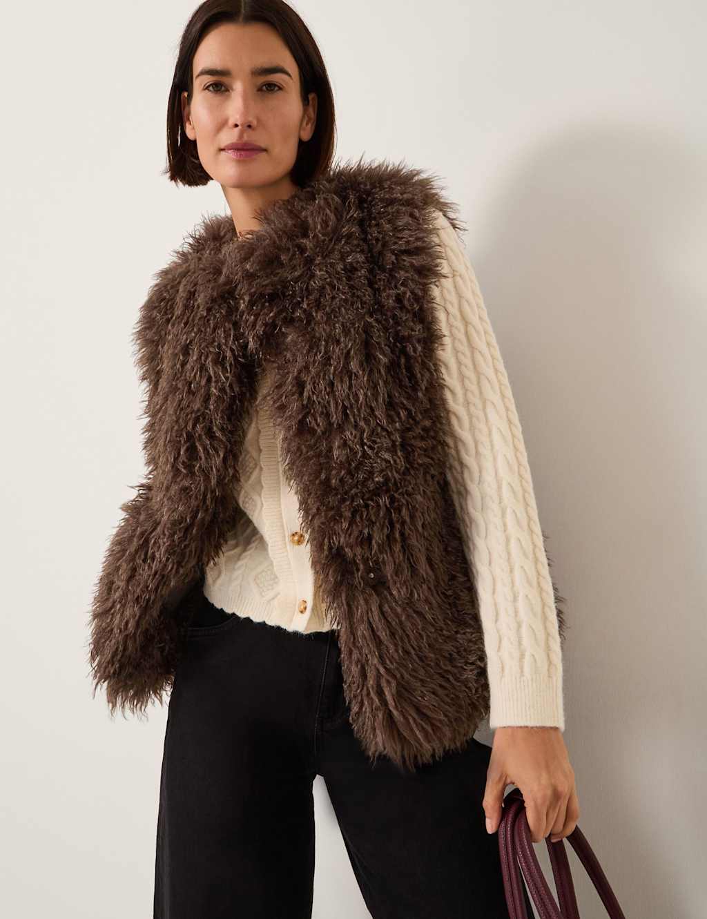 Monsoon Shaggy Faux Fur Collarless Gilet Chocolate