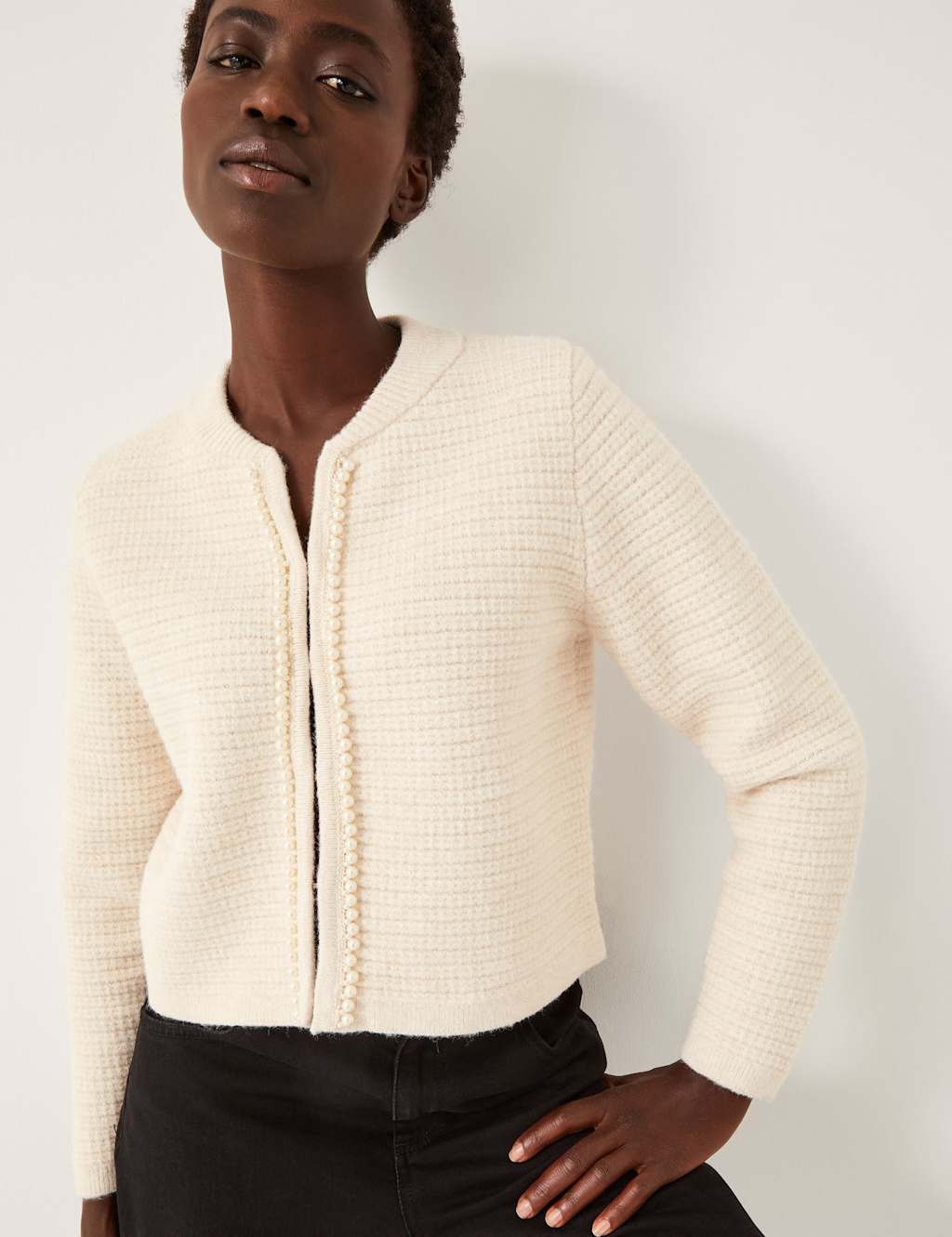 Monsoon Pearl Embellished Crew Neck Cardigan Ivory