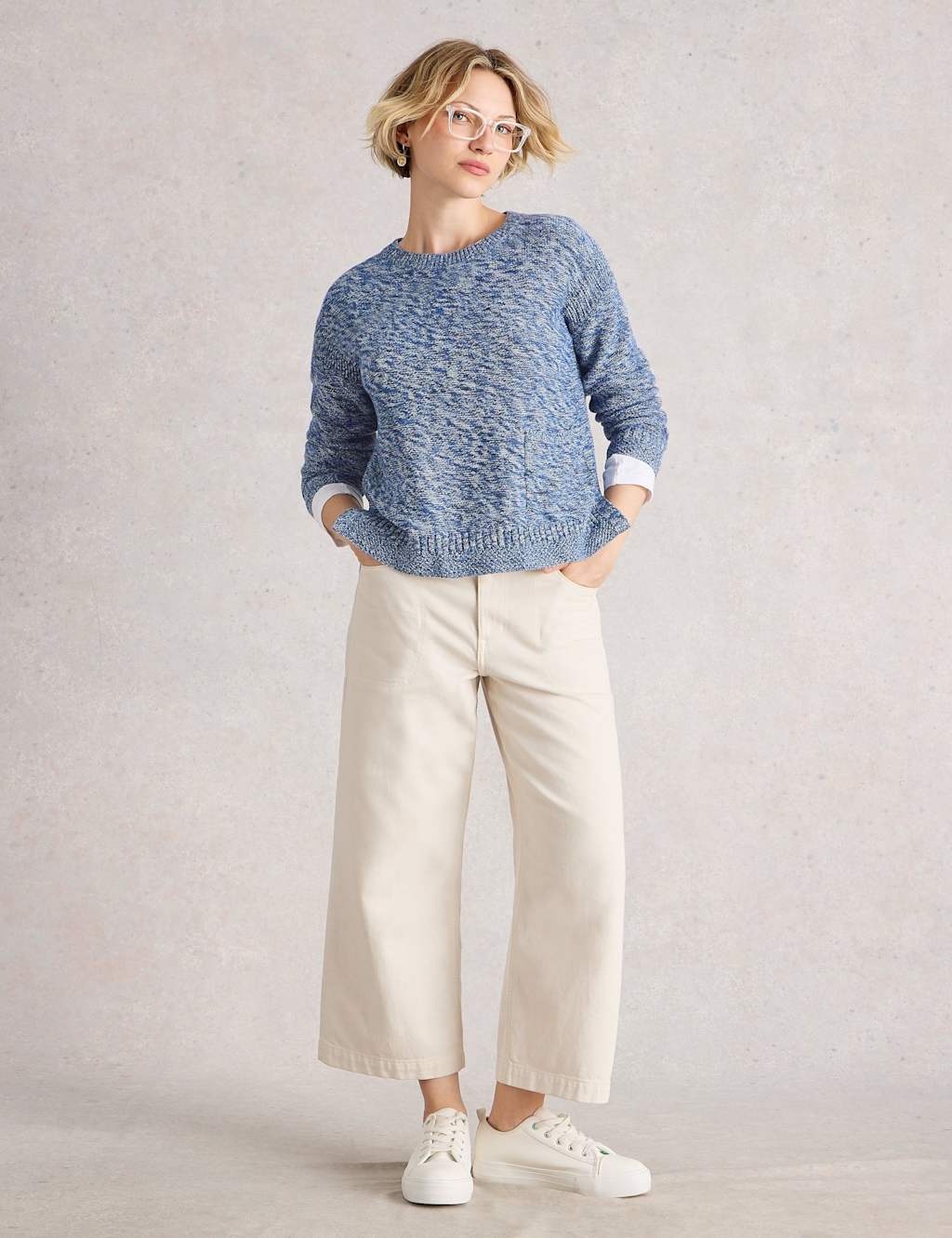 White Stuff Pure Cotton Textured Crew Neck Jumper Blue Mix