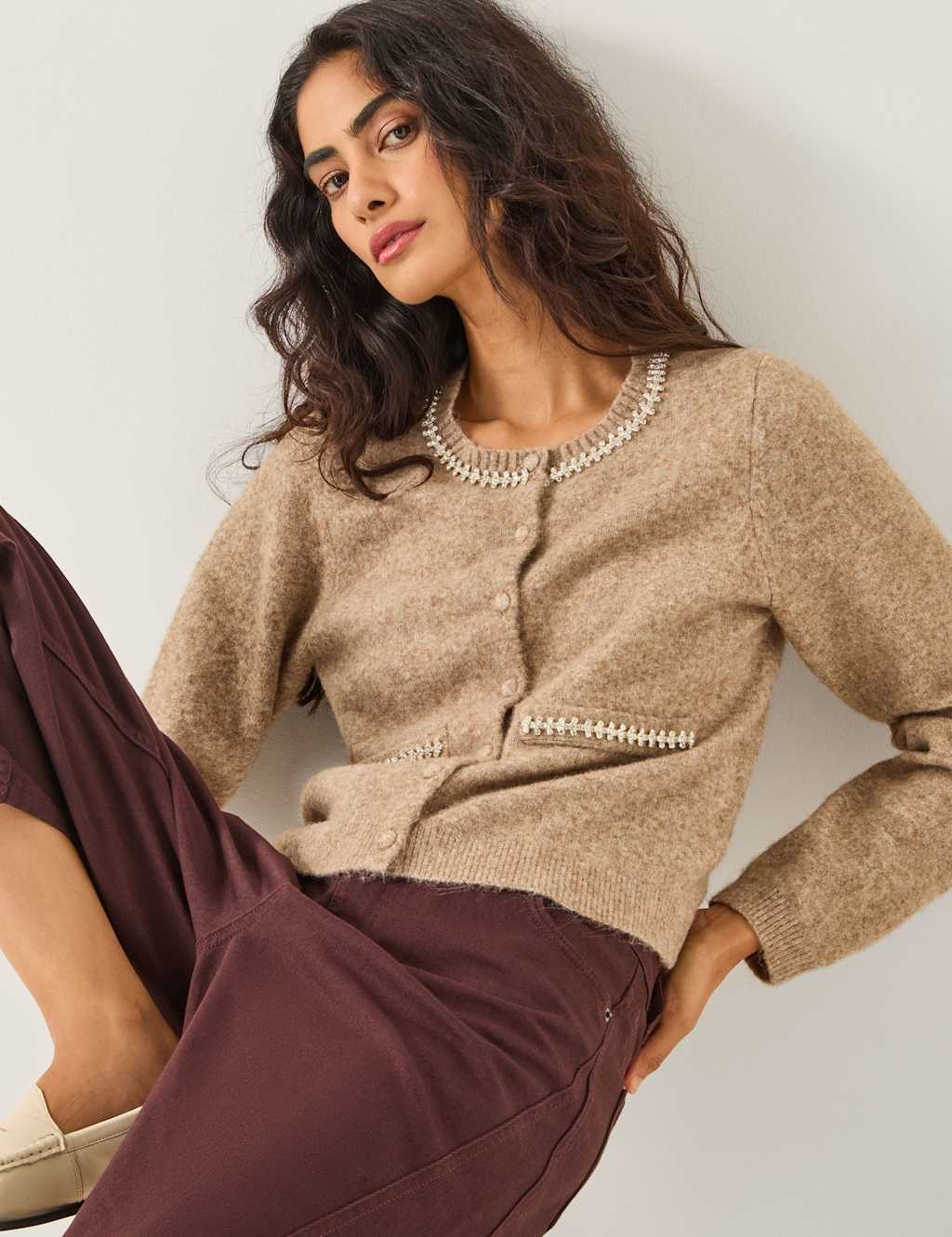 Monsoon Embellished Diamant Crew Neck Cardigan Light Pink Mix