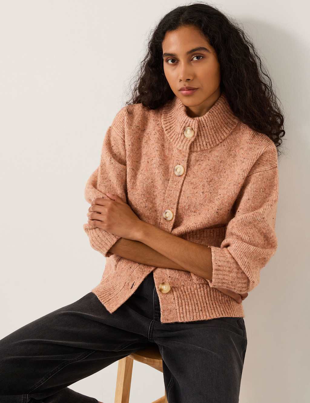 Monsoon Neppy Funnel Neck Pocket Detail Cardigan Pink Mix