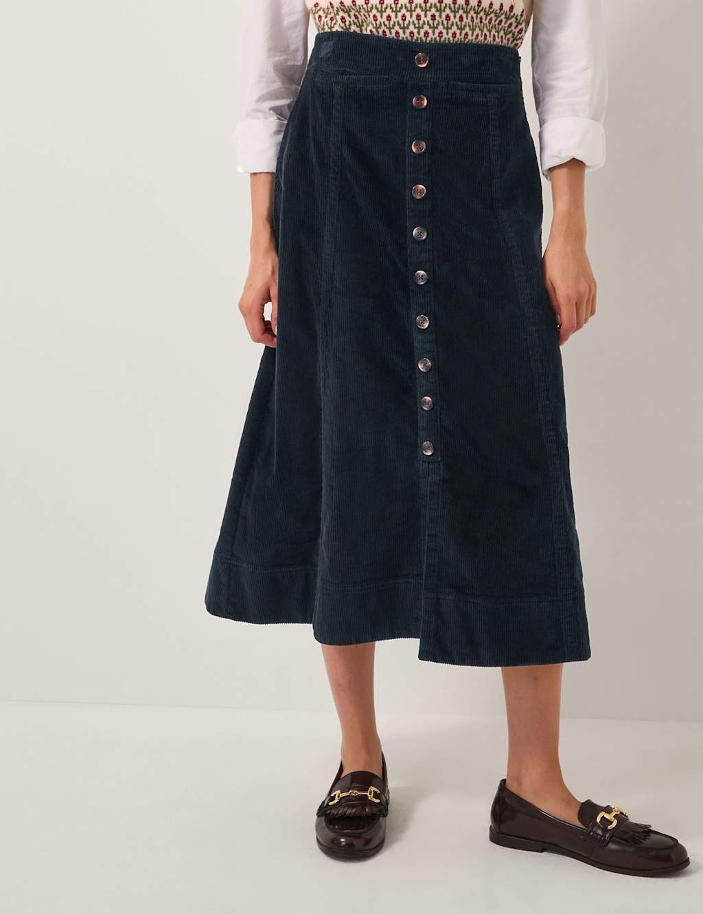 Monsoon Cord Button Front Midi A-Line Skirt Navy