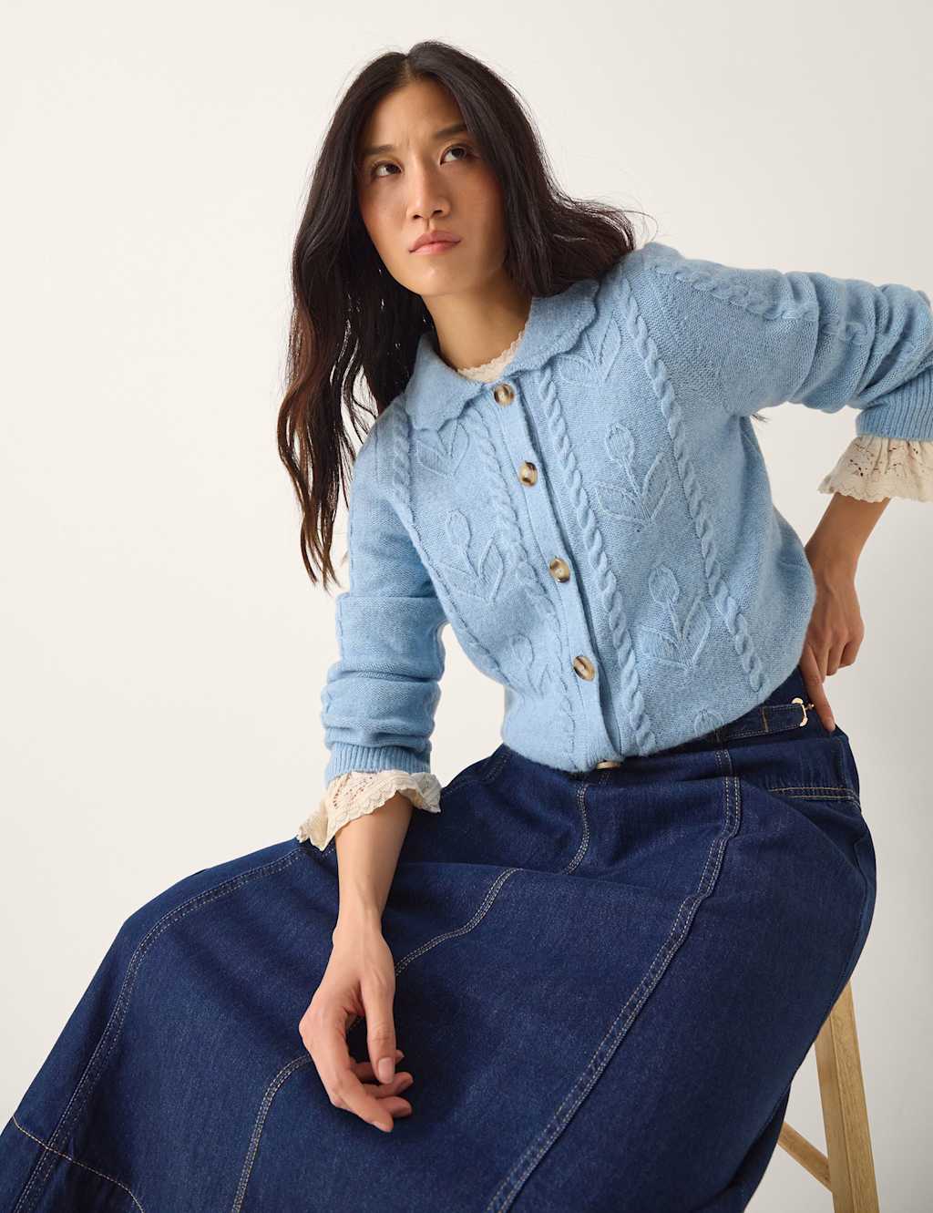 Monsoon Floral Cable Knit Collared Cardigan Light Blue