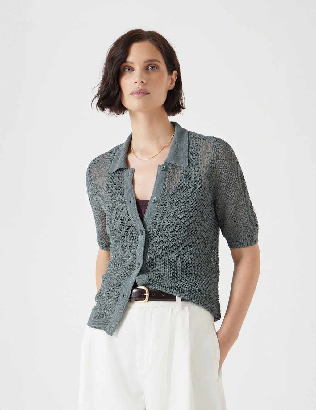 Cotton Rich Textured Collared Knitted Top