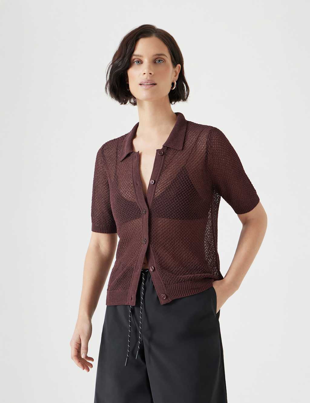 Cotton Rich Textured Collared Knitted Top