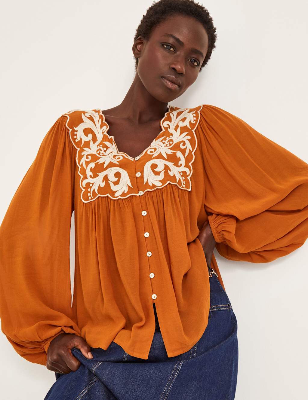 Monsoon Modal Blend Embroidered Blouson Blouse Copper
