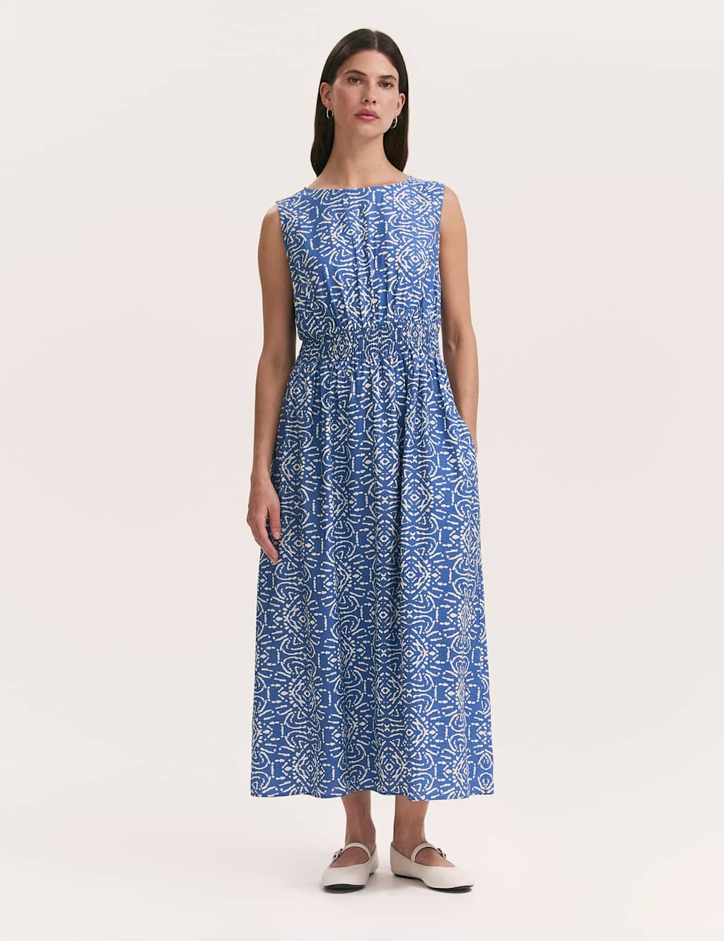 Finery London Women's Printed Slash Neck Midi Waisted Dress - 12 - Blue Mix - Available at M&S