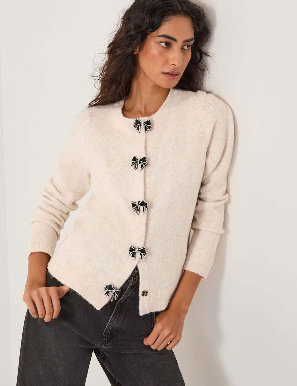 Monsoon Embellished Bow Crew Neck Cardigan Ivory
