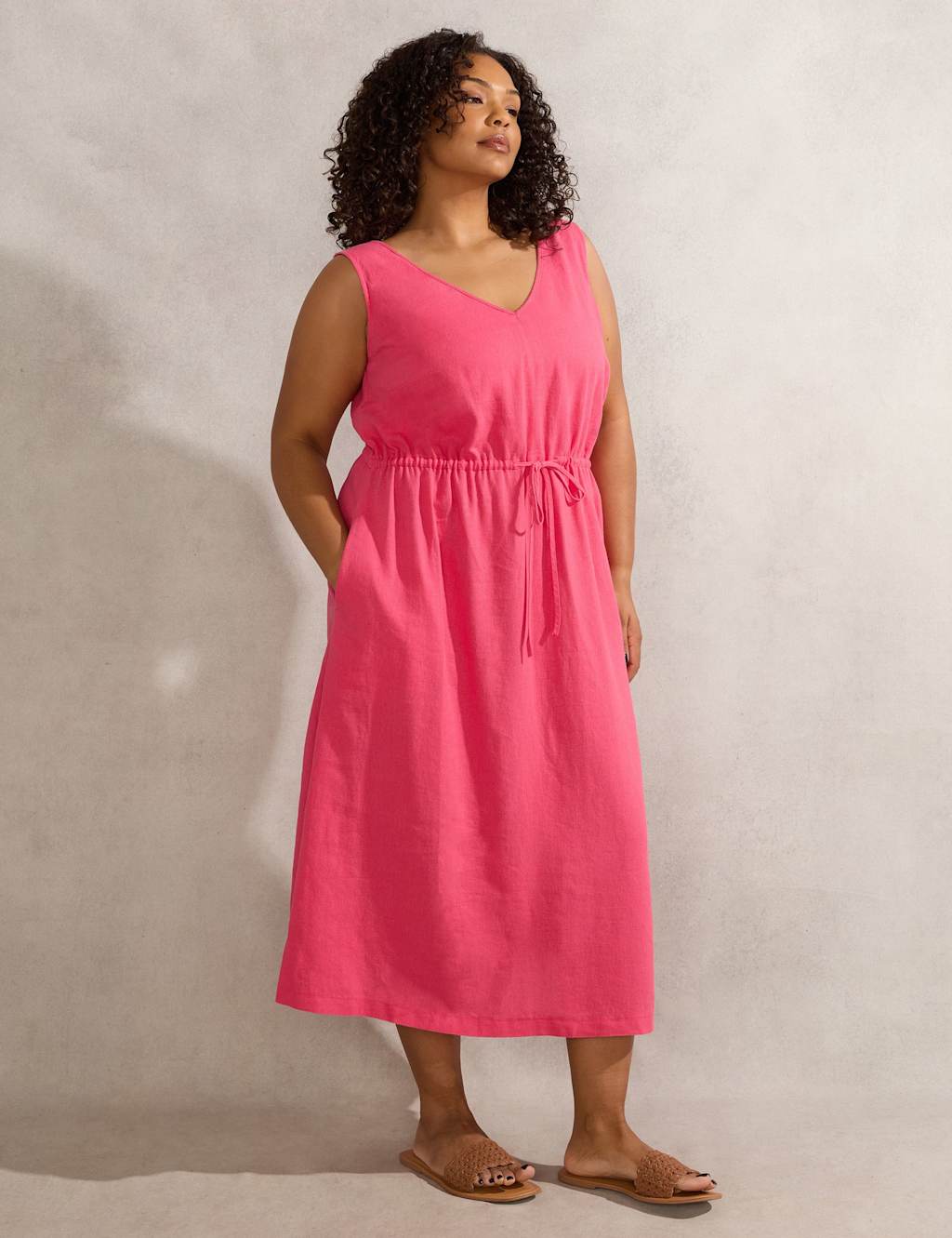 Linen Blend V-Neck Midi Waisted Dress