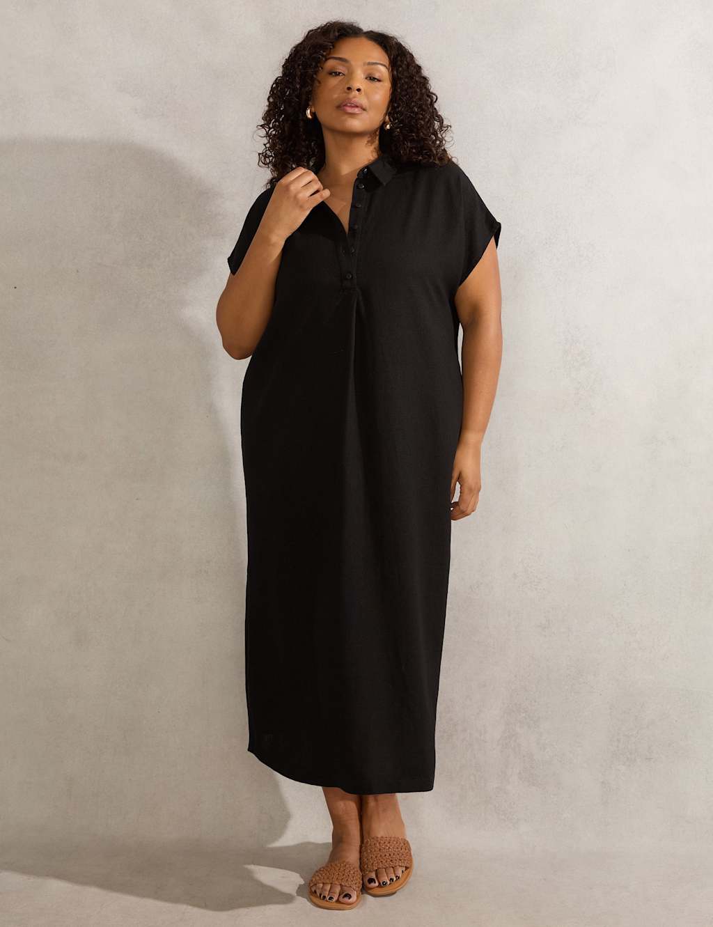 Linen Blend Midi Shirt Dress