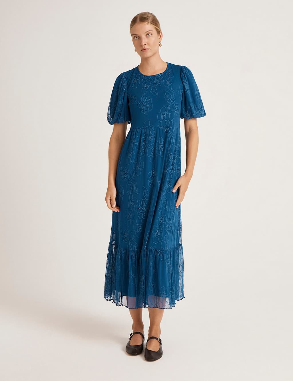 Finery London Women's Mesh Floral Embroidered Midi Tiered Dress - 12 - Blue - Available at M&S