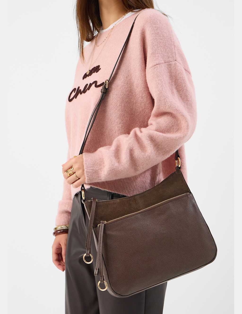 Accessorize Women's Leather Curved Messenger Bag - Chocolate - Available at M&S