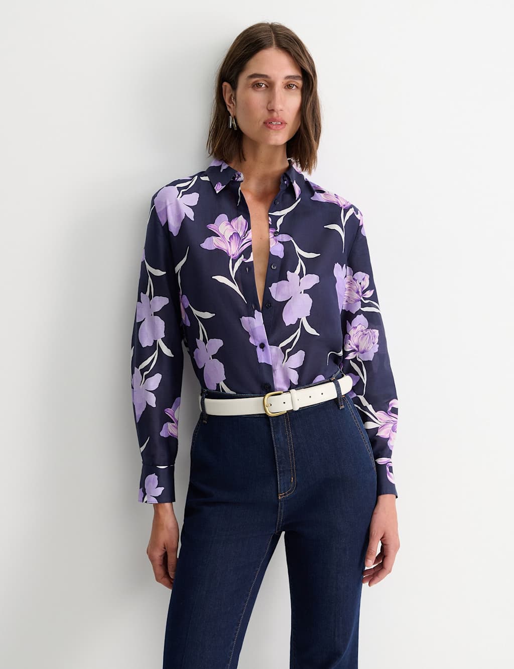 Sportscraft Cotton Rich Floral Collared Shirt with Silk Navy Mix