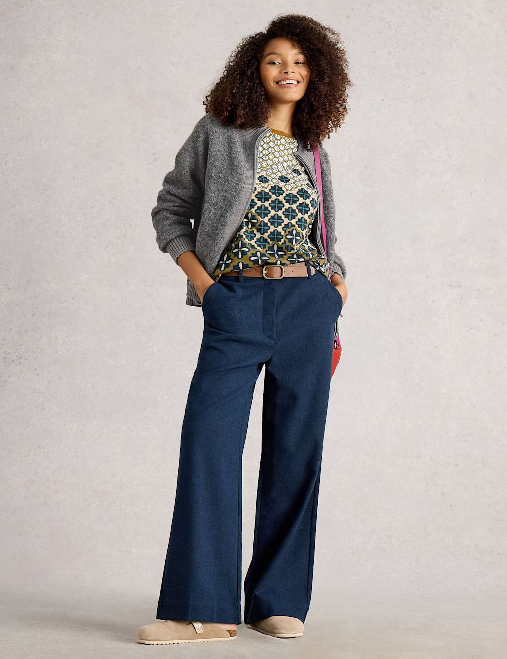 White Stuff Boucle Cardigan with Cotton and Wool Grey