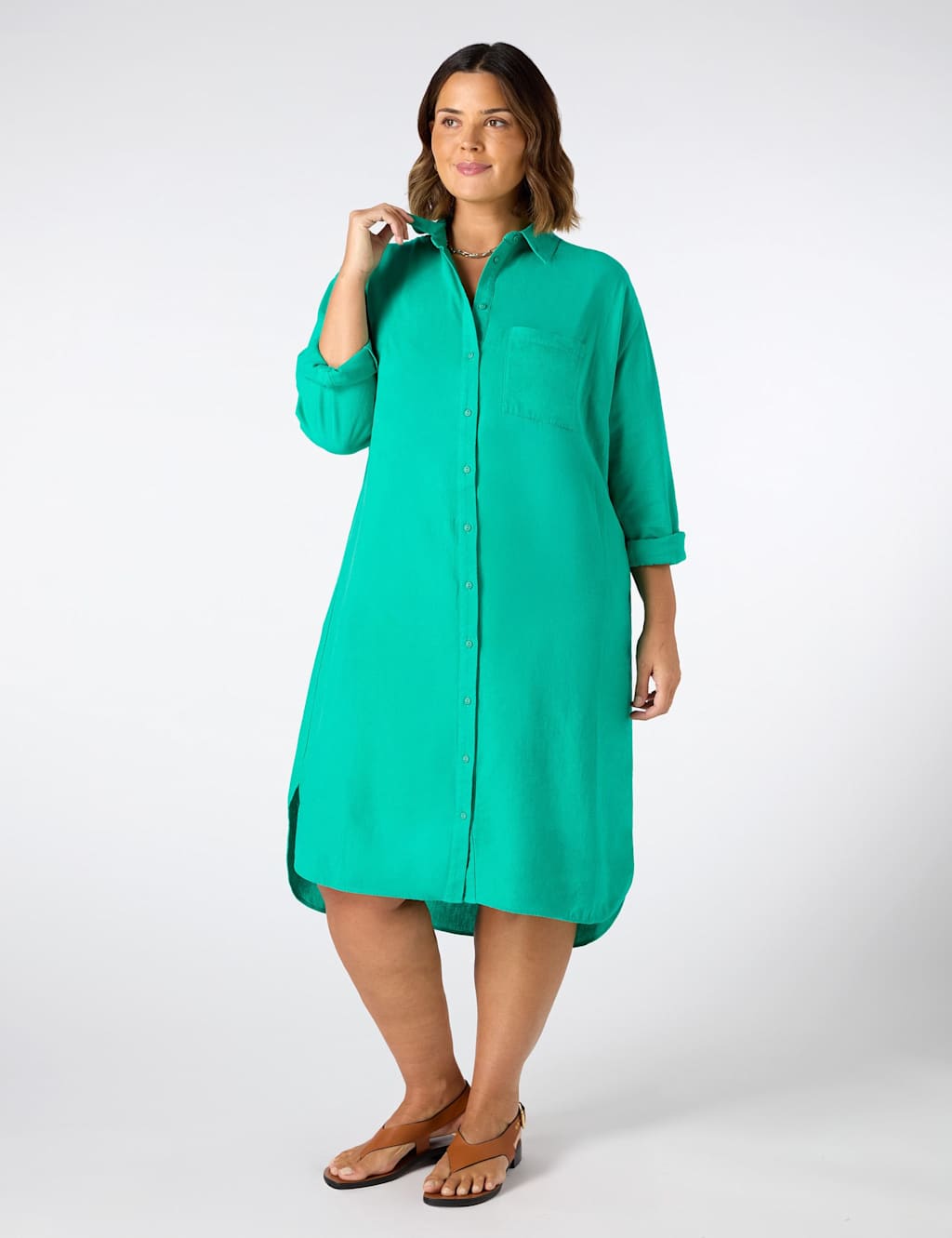 Linen Blend Midi Shirt Dress