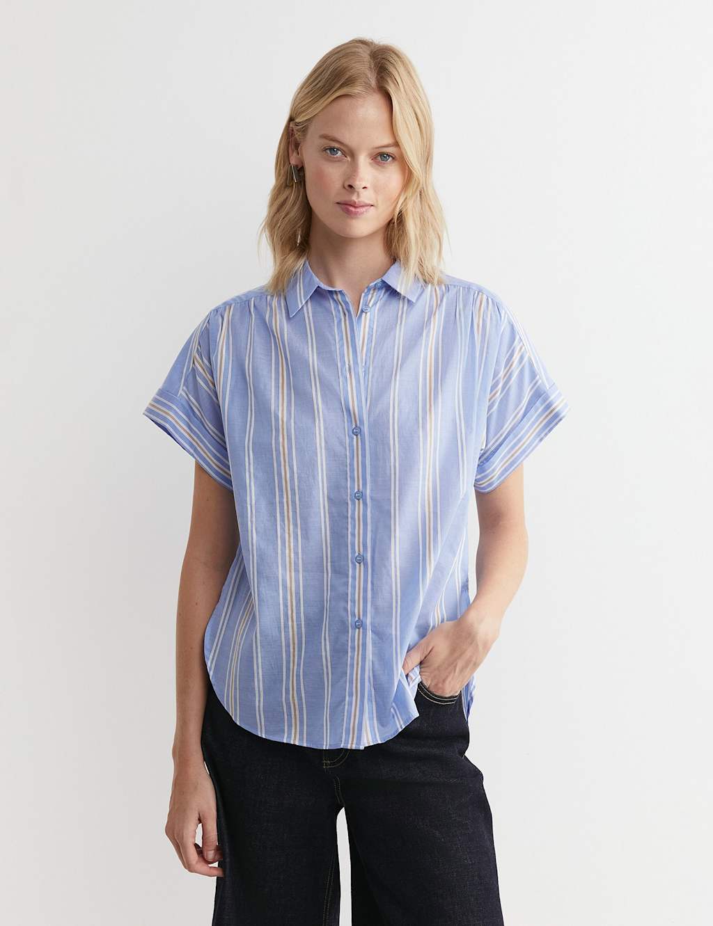 Sportscraft Pure Cotton Striped Relaxed Shirt Blue Mix