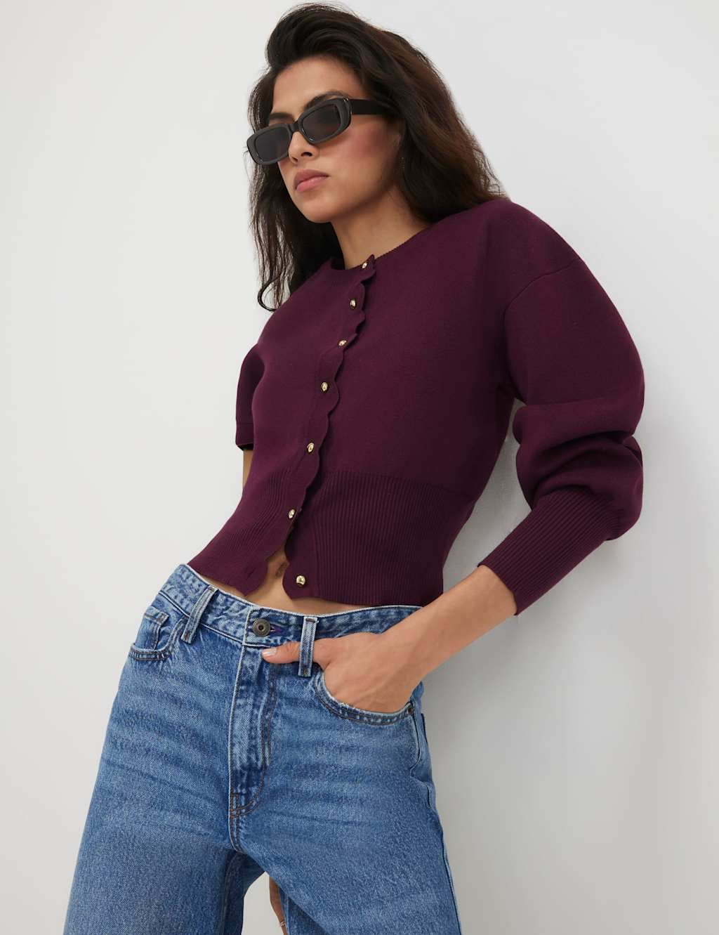 River Island Women's Scallop Blouson Sleeve Cardigan - Medium - Burgundy - Available at M&S