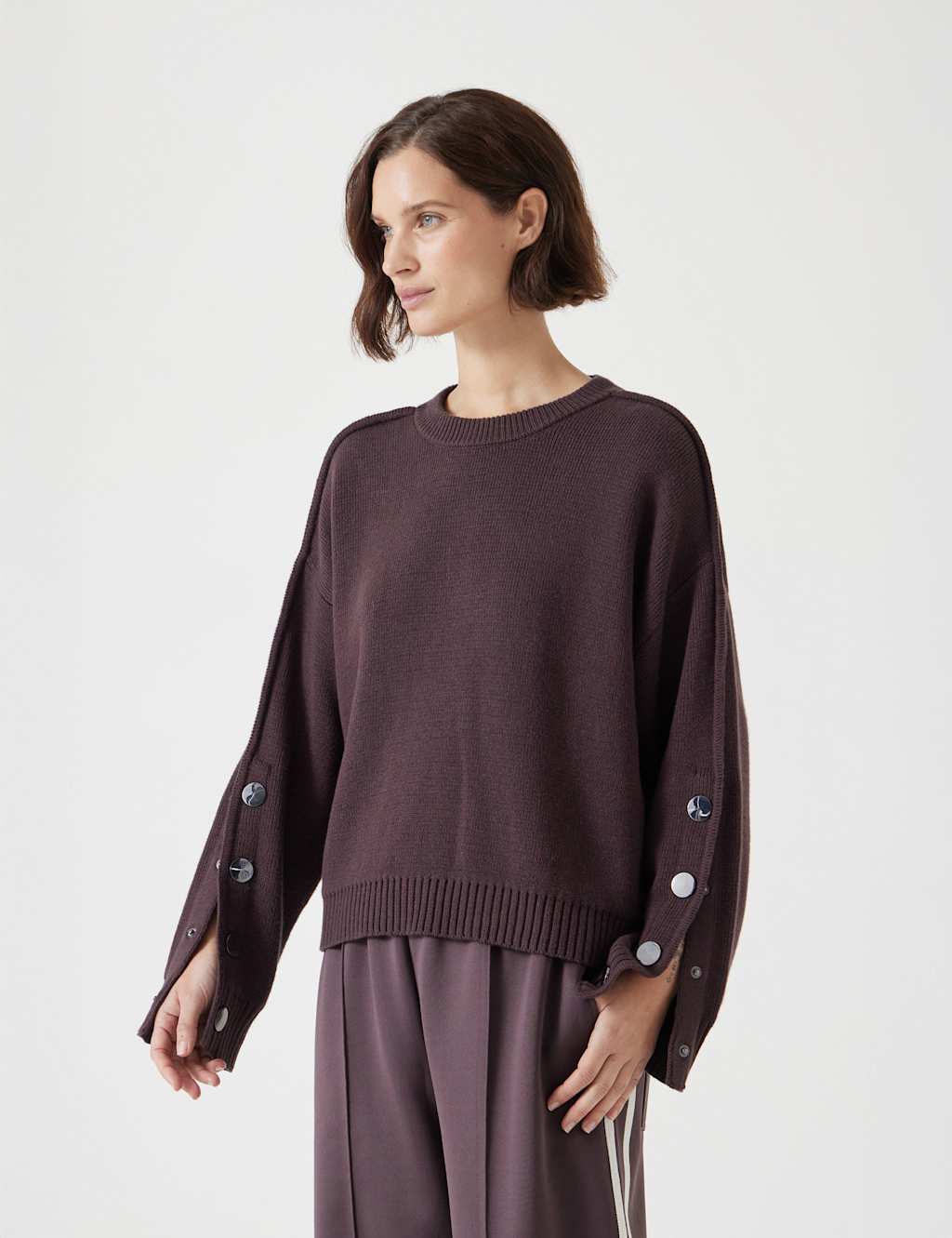 Cotton Rich Crew Neck Popper Sleeve Jumper