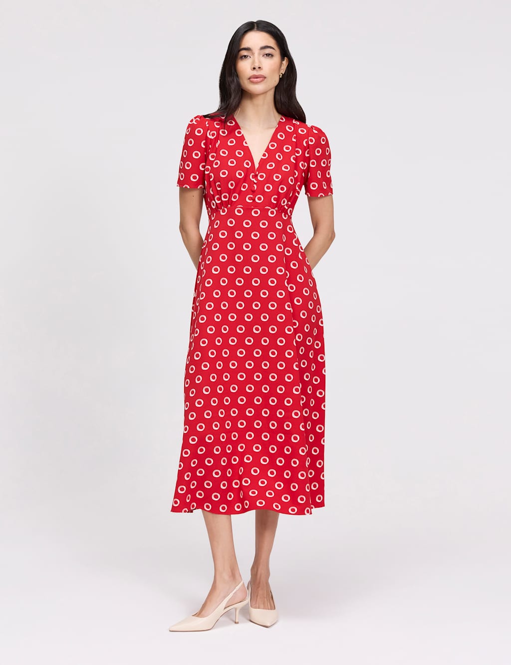Finery London Women's Printed V-Neck Midi Tea Dress - 10 - Red Mix - Available at M&S