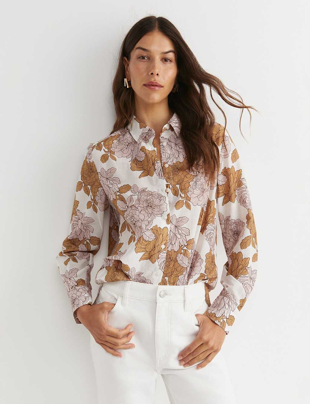 Sportscraft Cotton Rich Floral Collared Shirt with Silk White Mix