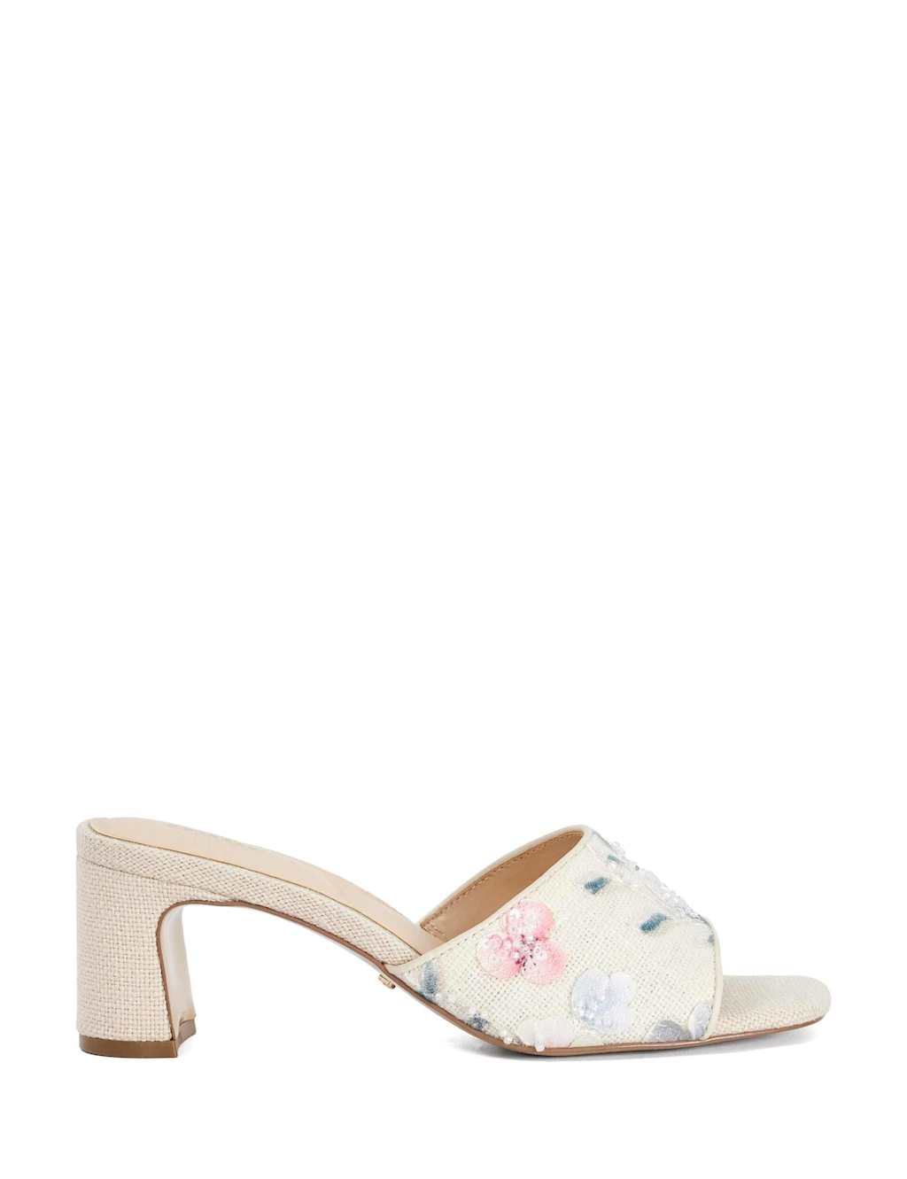 Dune London Women's Linen Floral Block Heel Square Toe Mules - 4 - Natural - Available at M&S