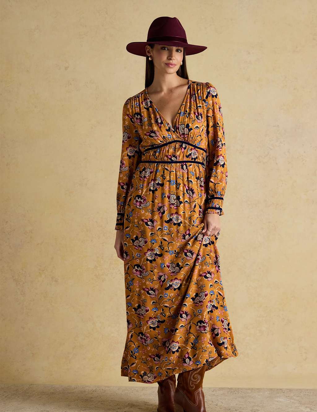 Joules Floral V-Neck Midaxi Waisted Dress Yellow Mix