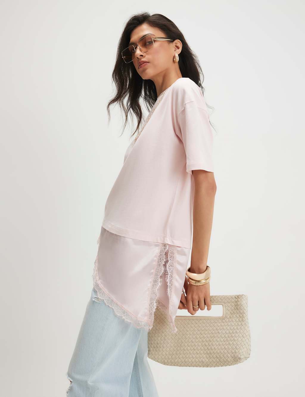 River Island Women's Pure Cotton Lace Detail T-Shirt - Extra Small - Pink - Available at M&S