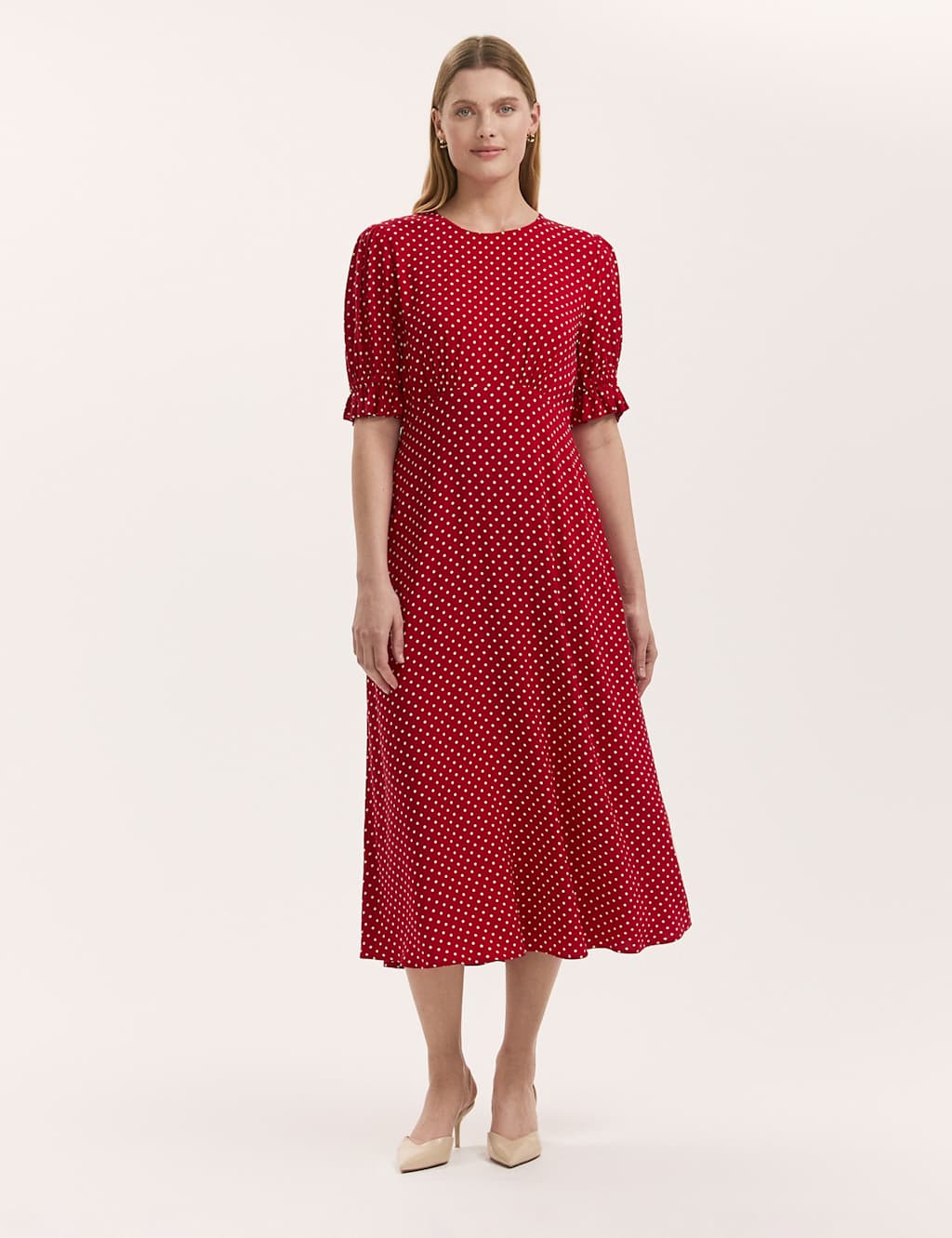 Finery London Polka Dot Midi Tea Dress Red Mix
