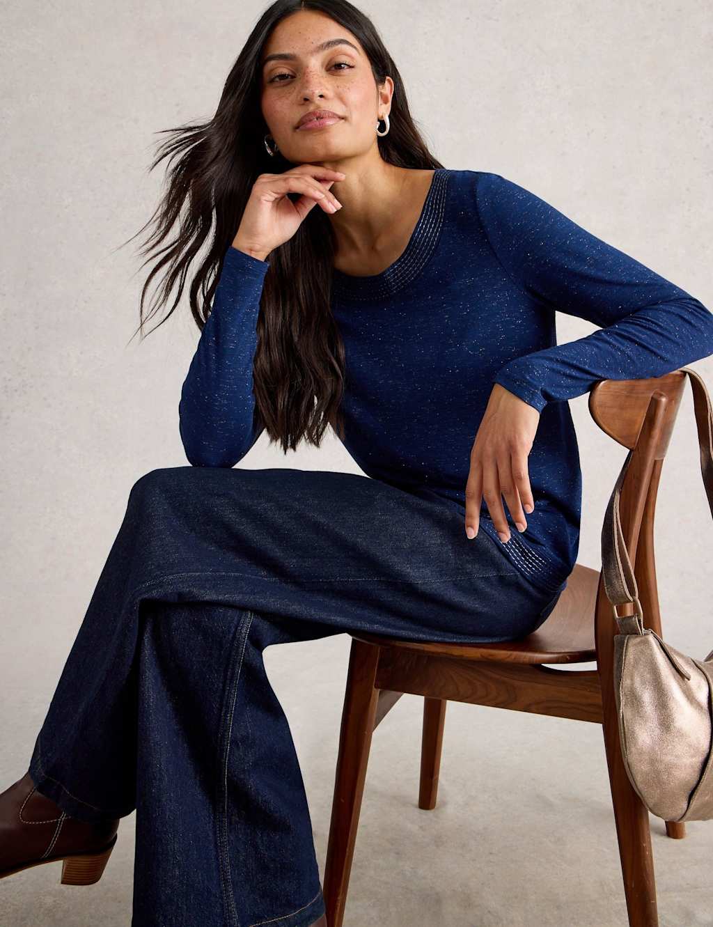 White Stuff Sparkly Embellished Scoop Neck Top Navy