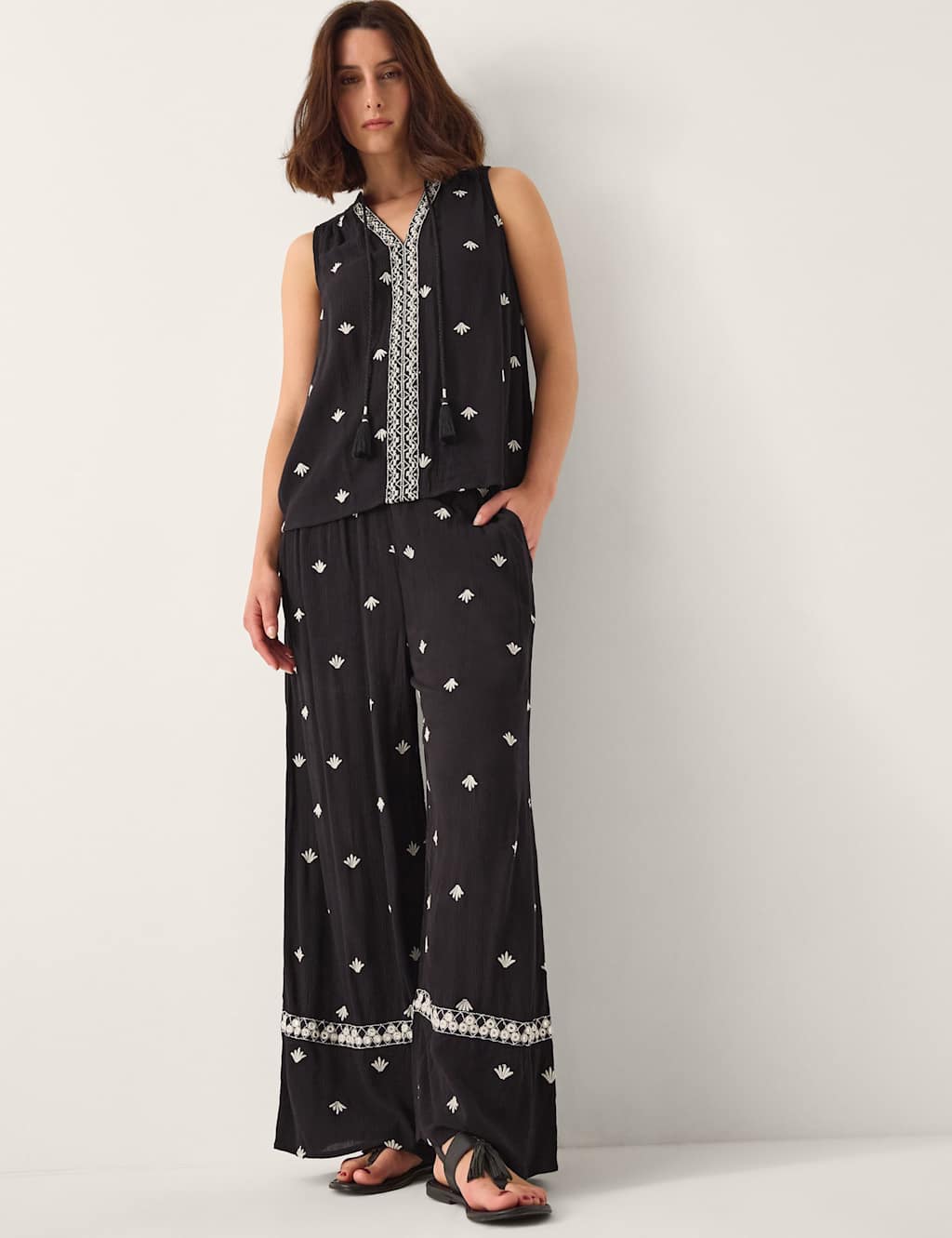 Monsoon Embroidered Wide Leg Trousers Black