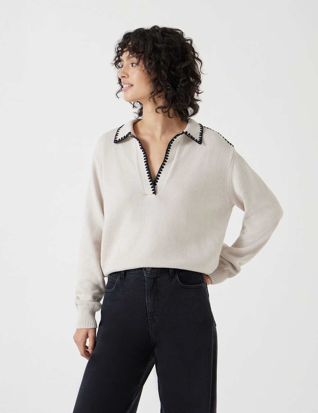 Pure Cotton Textured Collared Jumper