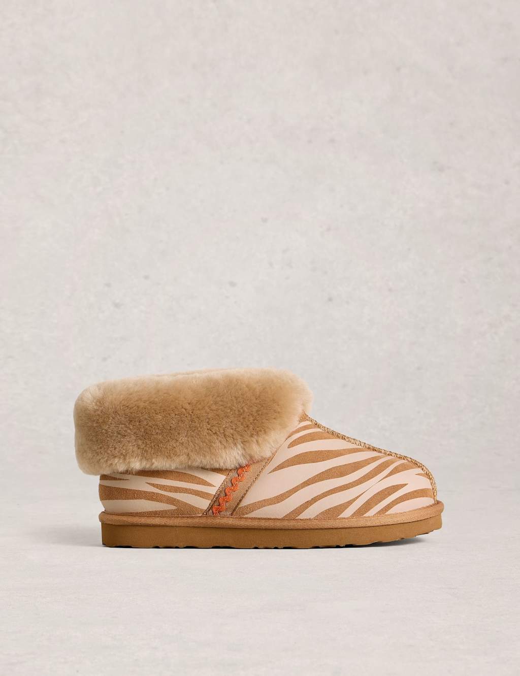 White Stuff Suede Shearling Animal Print Slipper Boots Tan