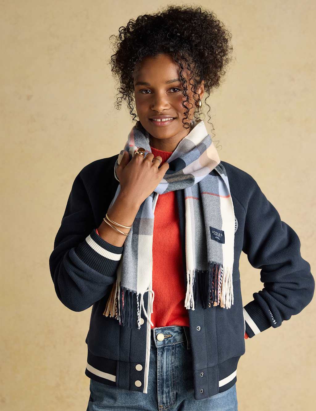 Joules Checked Fringed Scarf Cream Mix