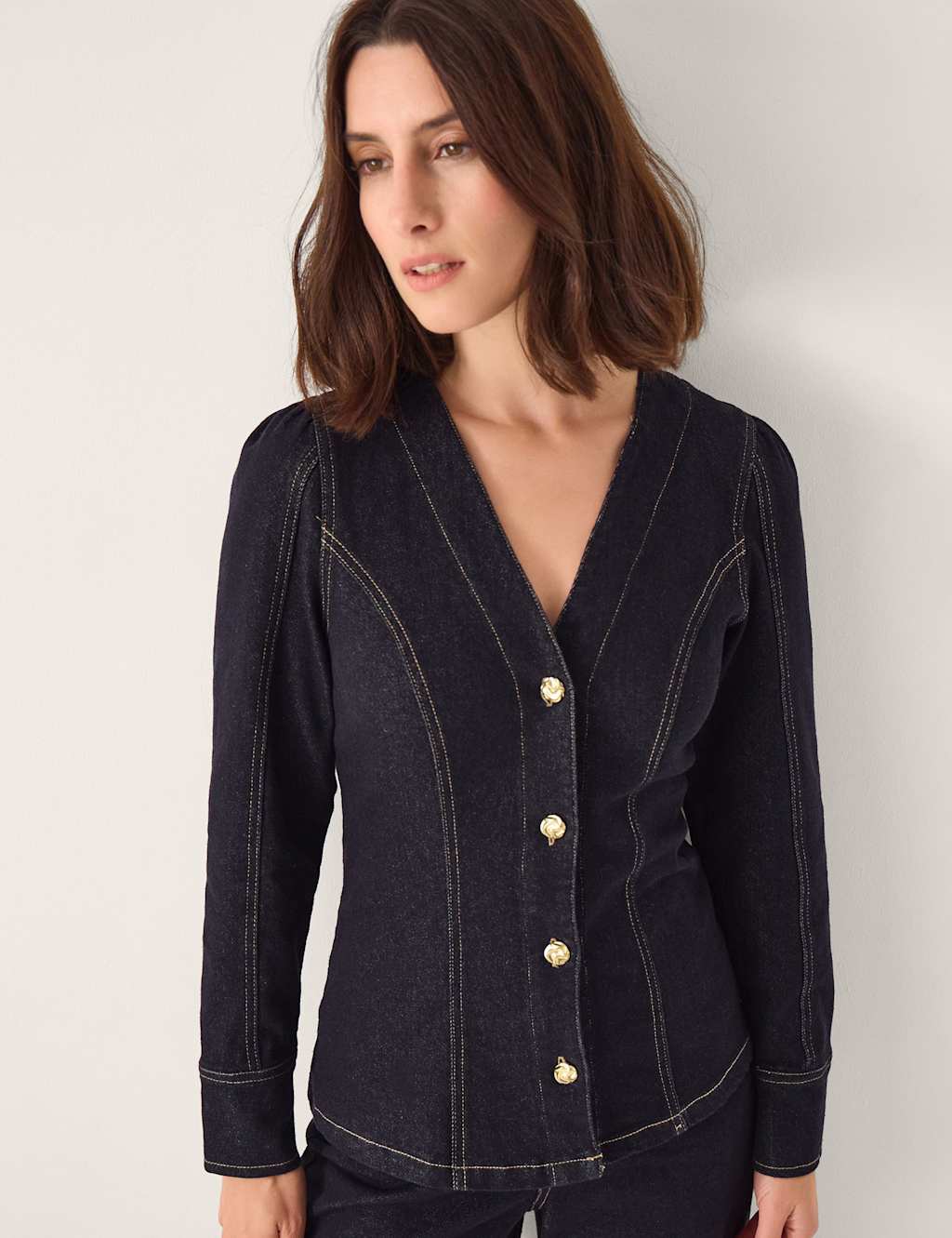 Monsoon Cotton Rich Denim Tailored V-Neck Shirt Indigo