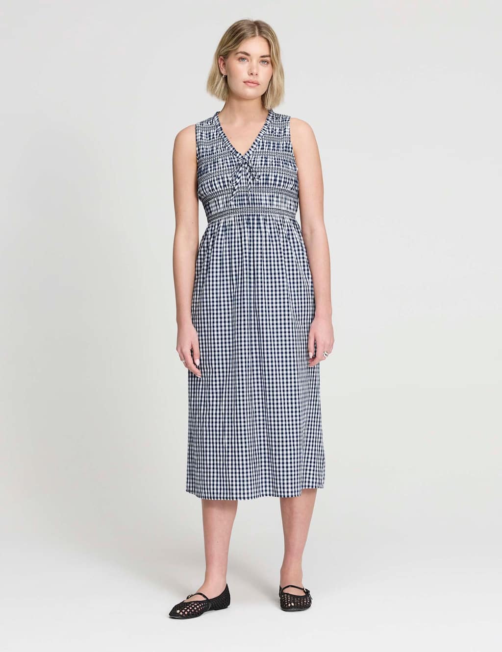 Finery London Women's Pure Cotton Gingham Midi Shirred Dress - 20 - Navy Mix - Available at M&S
