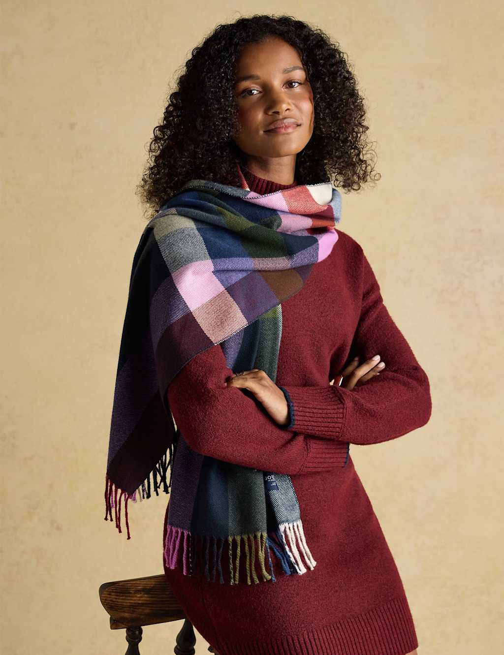 Joules Checked Fringed Scarf Multi