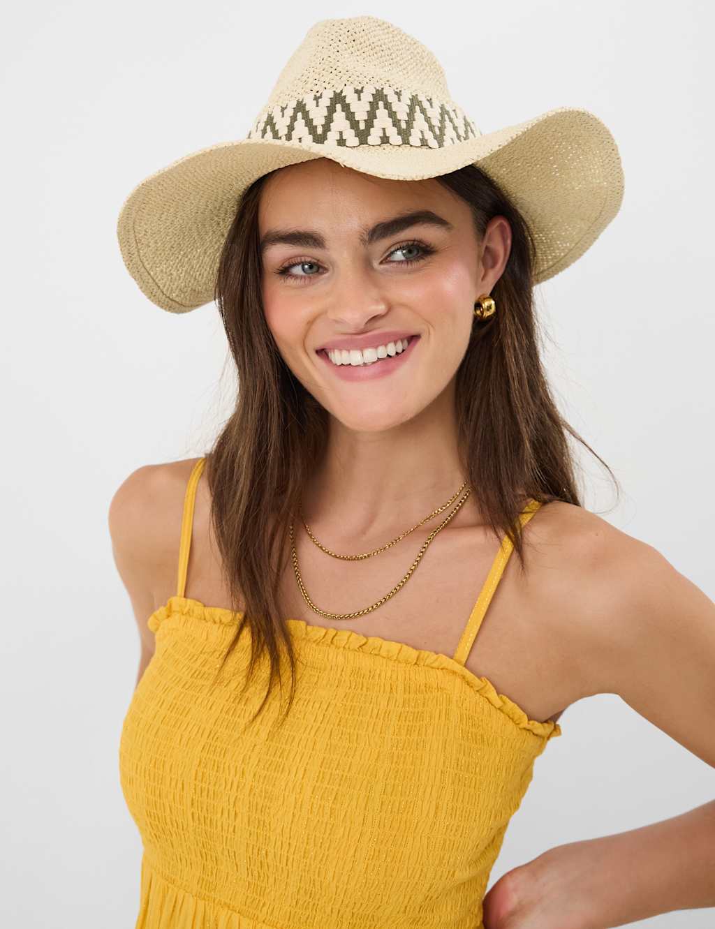 Accessorize Women's Straw Chevron Trim Fedora Hat - Natural - Available at M&S