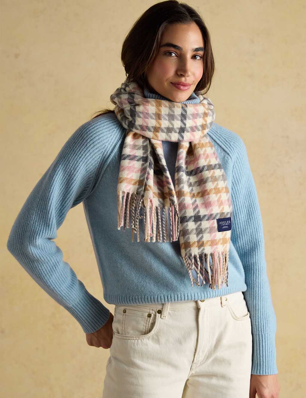 Joules Woven Checked Scarf Pink Mix