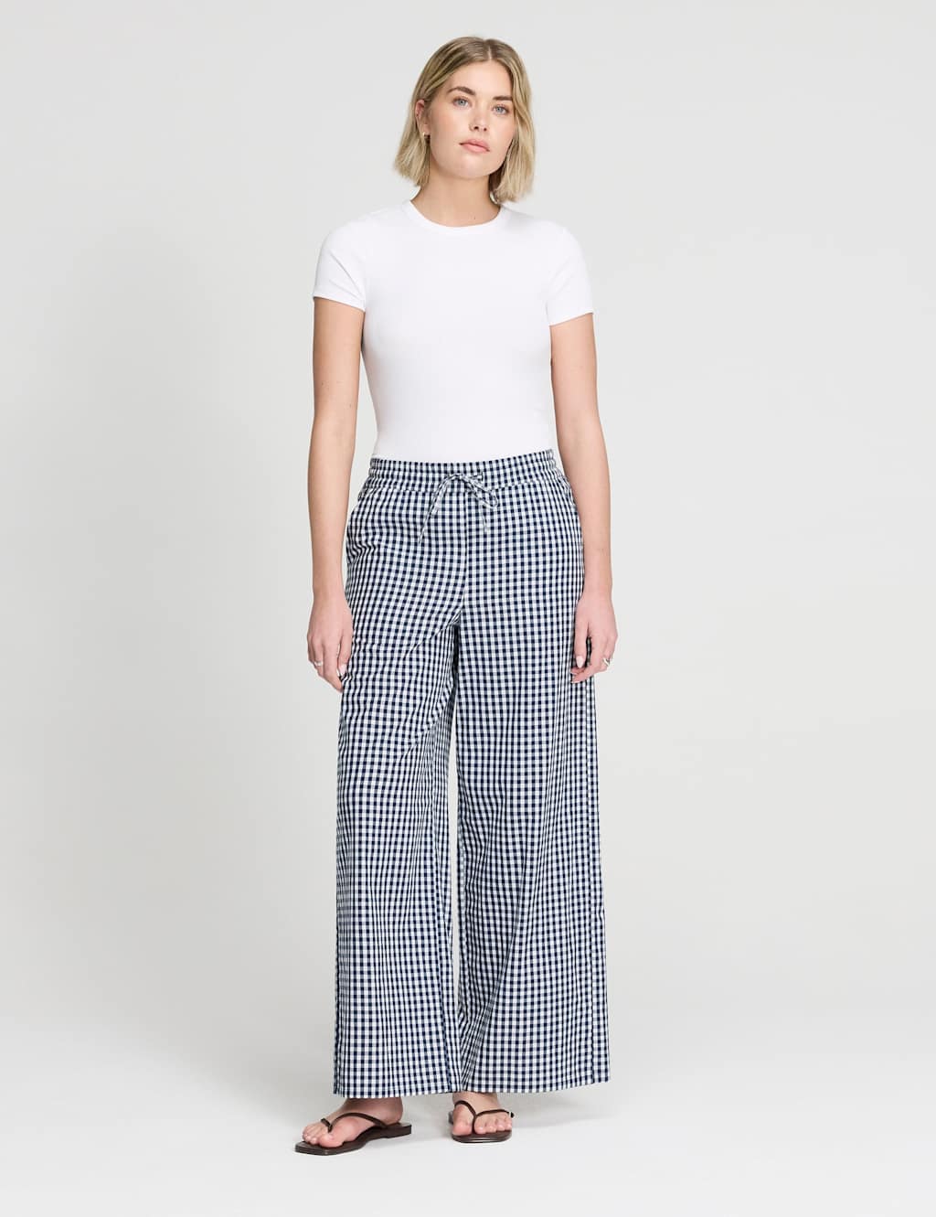 Finery London Women's Pure Cotton Gingham Wide Leg Trousers - 22 - Navy Mix - Available at M&S