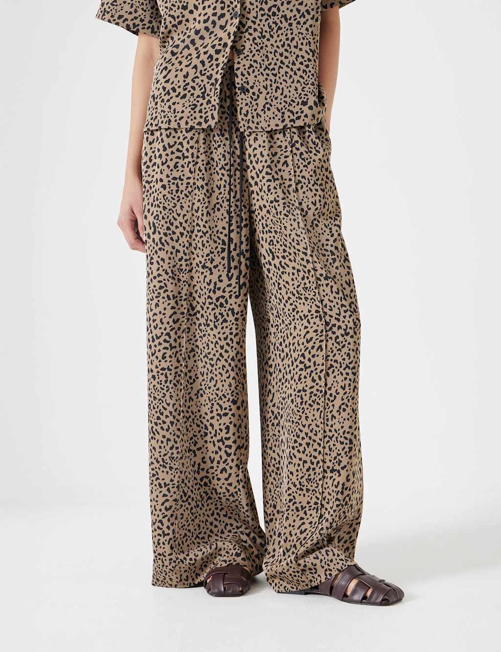 Animal Print Drawstring Wide Leg Trousers