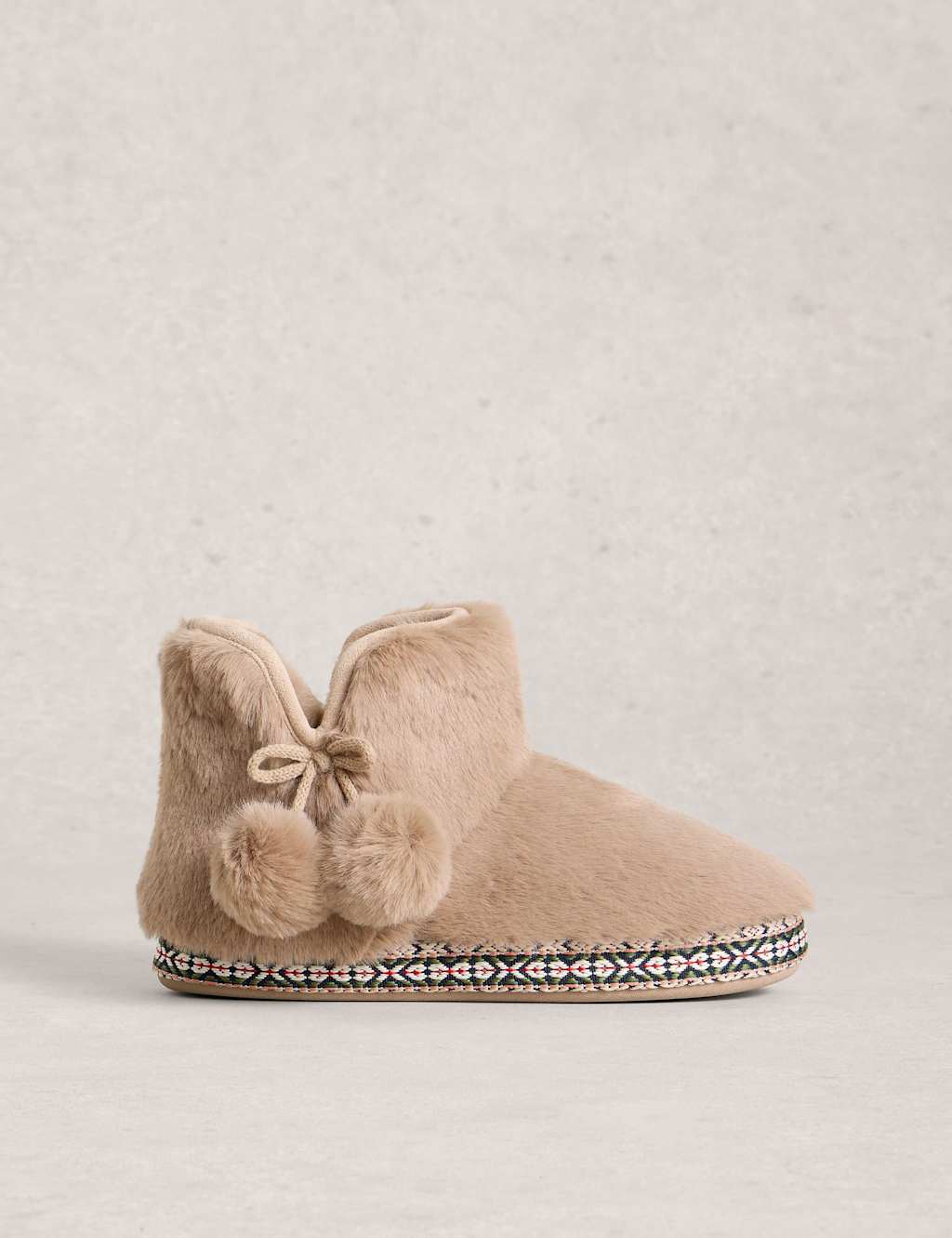 White Stuff Faux Fur Pom Pom Bootie Slippers Natural