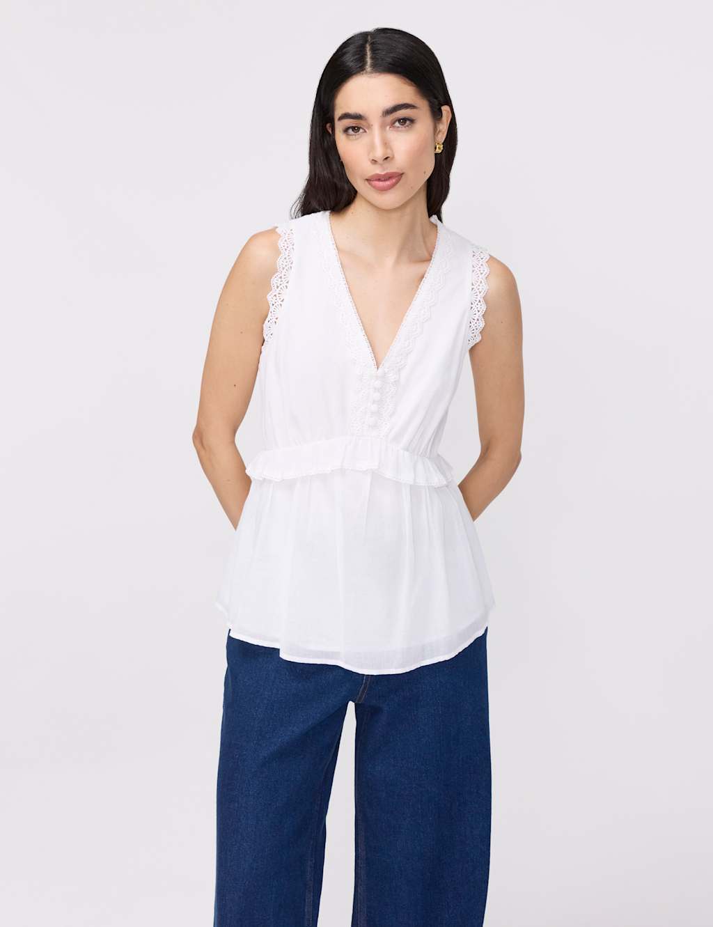 Finery London Women's Pure Cotton V-Neck Lace Detail Peplum Top - 18 - White - Available at M&S