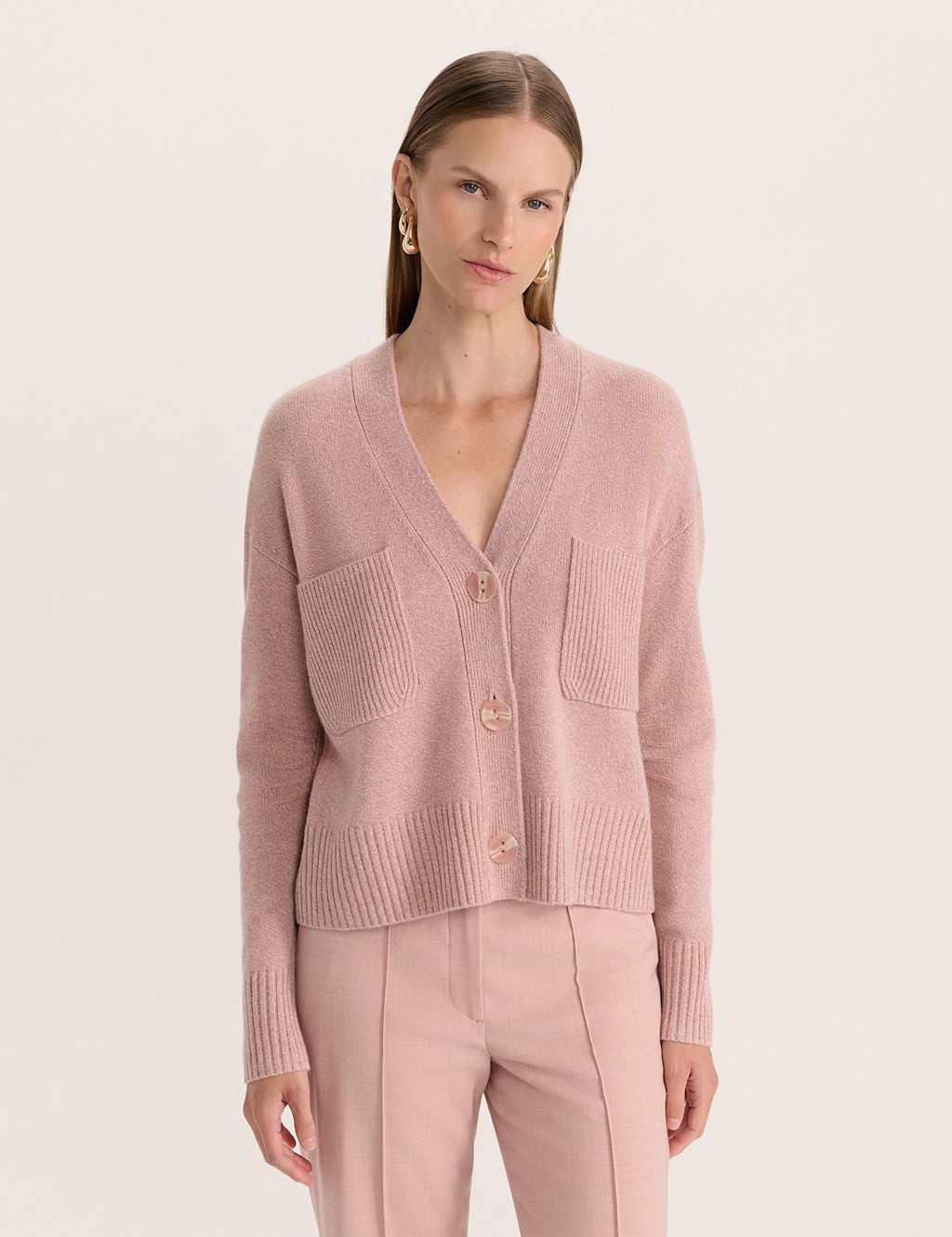 SABA Wool V-Neck Cardigan With Cashmere Light Pink