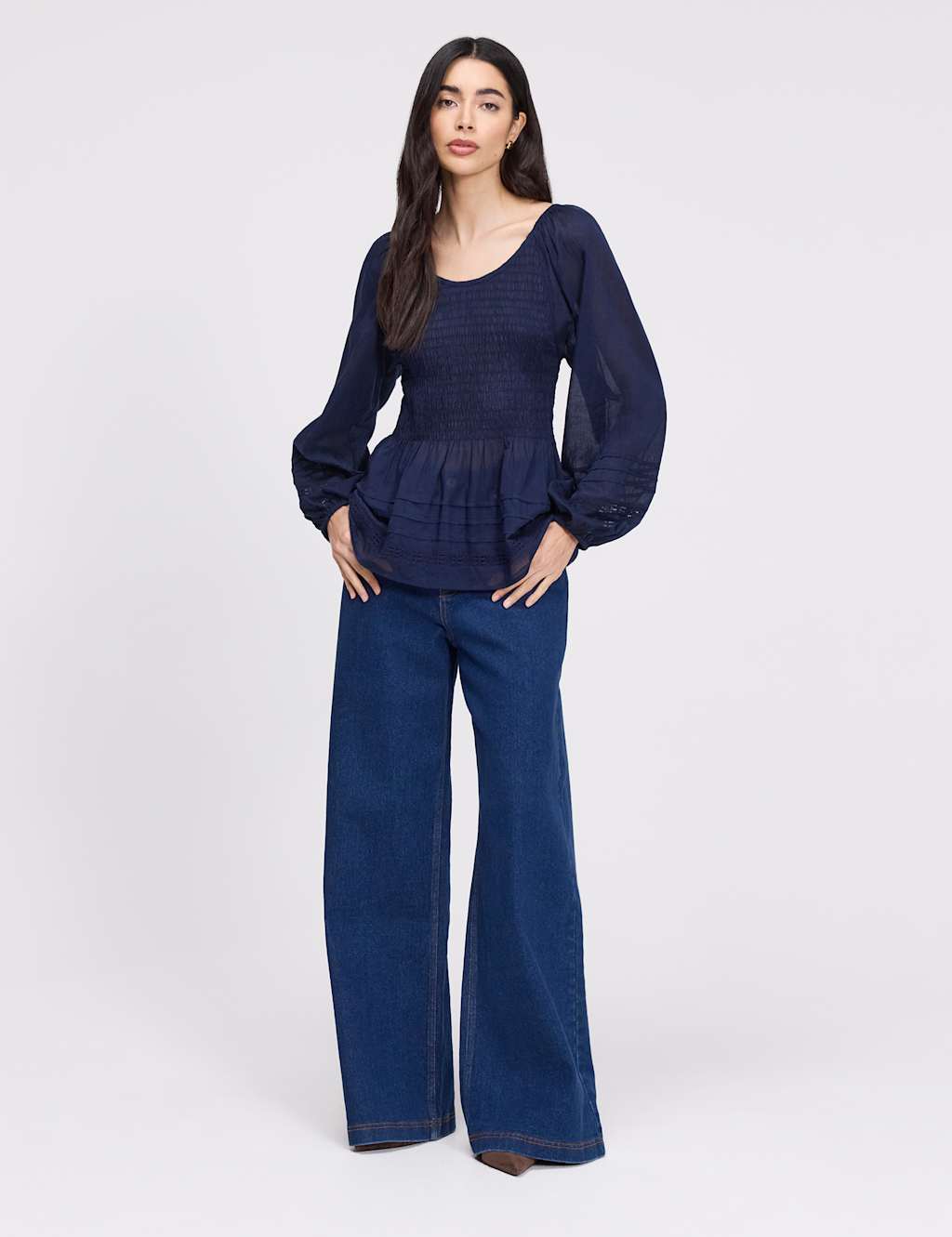 Finery London Women's Pure Cotton Shirred Blouson Sleeve Top - 14 - Navy - Available at M&S