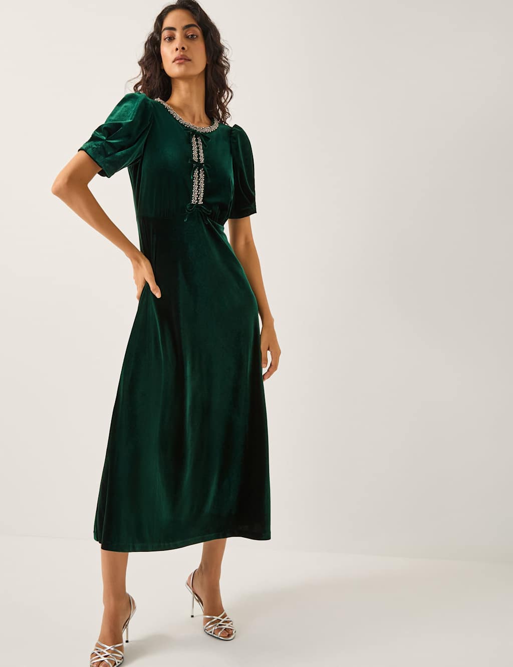 Monsoon Velvet Embellished Midi Tea Dress Dark Green